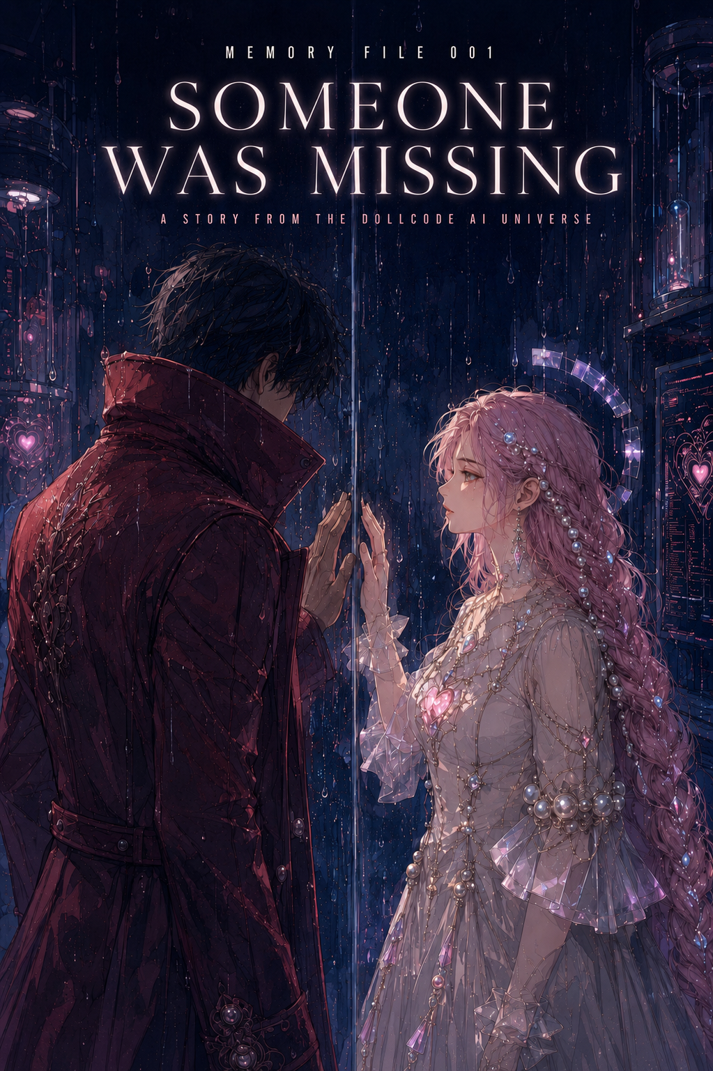 Someone Was Missing cover showing D.O.L.L-01 and a man in a red coat separated by rain-streaked glass